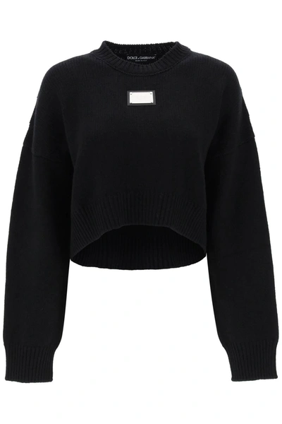 Dolce & Gabbana Logo Plaque Cropped Sweater In Nero