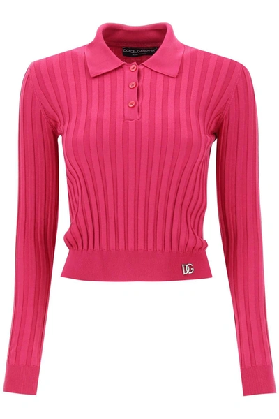 Dolce & Gabbana Long-sleeved Polo Shirt In Ribbed Knit In Fuchsia