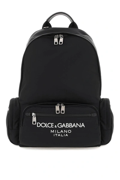 Dolce & Gabbana Nylon Backpack With Rubberized Logo In Black