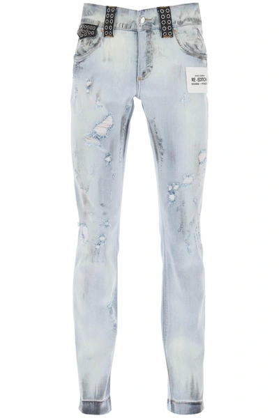 Dolce & Gabbana Re-edition Jeans With Leather Detailing In Blue