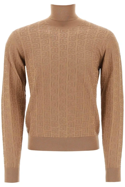 Dolce & Gabbana High Neck Silk Jacquard Sweater With Logo In Cama