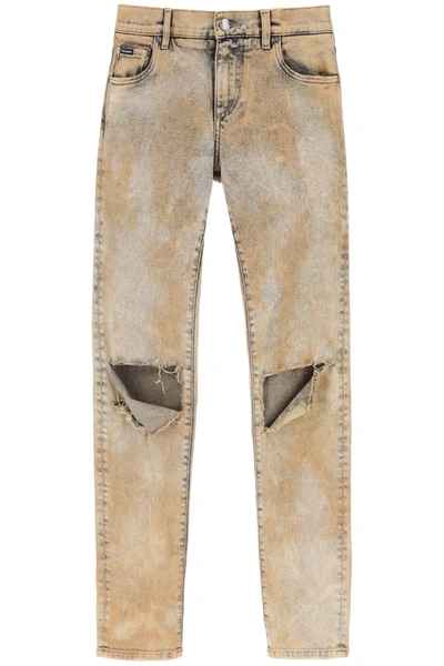 Dolce & Gabbana Skinny Jeans In Overdyed Denim In Cream