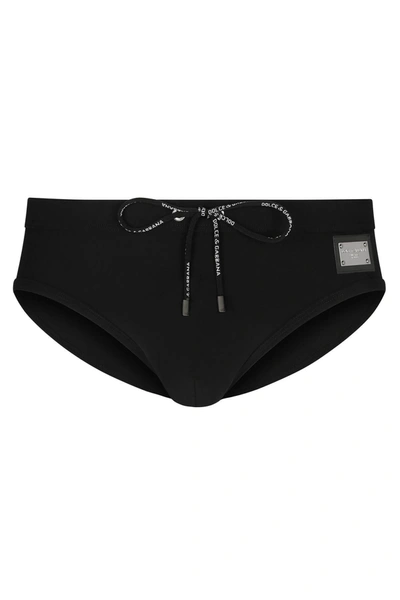 Dolce & Gabbana Swim Briefs With High-cut Leg And Branded Plate In Black