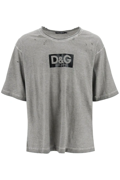 Dolce & Gabbana Washed Cotton T-shirt With Destroyed Detailing In Grey