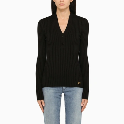 Dolce & Gabbana Black Ribbed V-neck Jumper In Nero