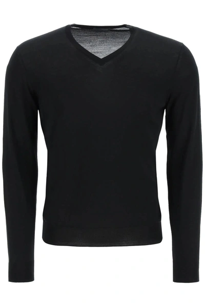 Drumohr Super Fine Merino Wool V-neck Sweater  Black Wool