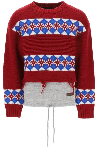 Dsquared2 Hybrid Canadian Jacquard Red Crewneck Jumper In Multicolor