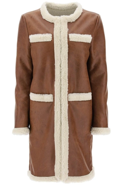 Dsquared2 Faux-shearling Collarless Coat In Brown Stone