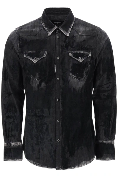 Dsquared2 Flocked Denim Western Shirt In Black