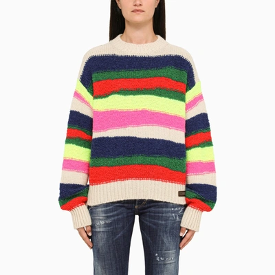 Dsquared2 Multicoloured Striped Crew-neck Sweater In Cream