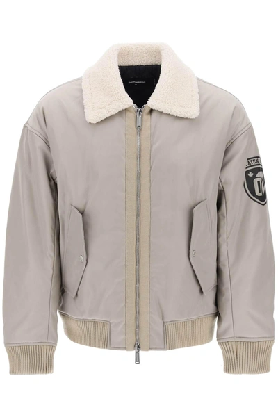 Dsquared2 Padded Bomber Jacket With Collar In Lamb Fur In Grigio