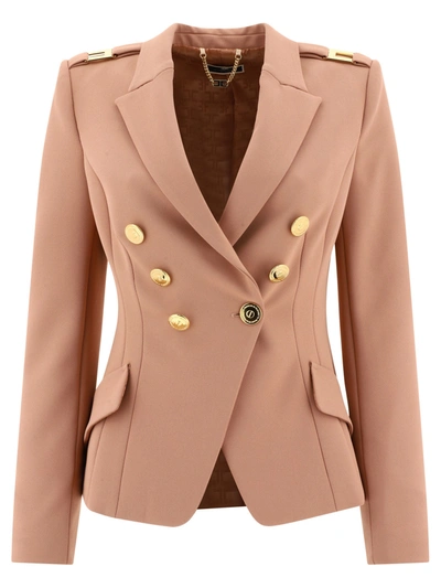Elisabetta Franchi Nude Double Breasted Blazer With Logo In Neutrals