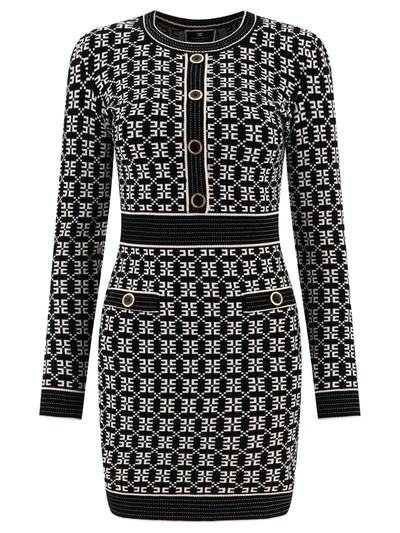 Elisabetta Franchi Dress In Jacquard Knit With Logo In Black