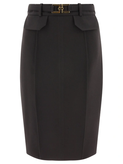 Elisabetta Franchi Logo Buckle Midi Skirt In Black
