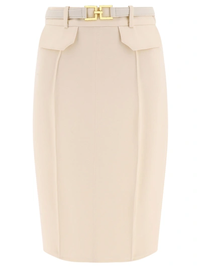 Elisabetta Franchi Logo Buckle Midi Skirt In White