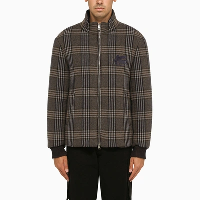Etro Wool Check Padded Jacket In Blue