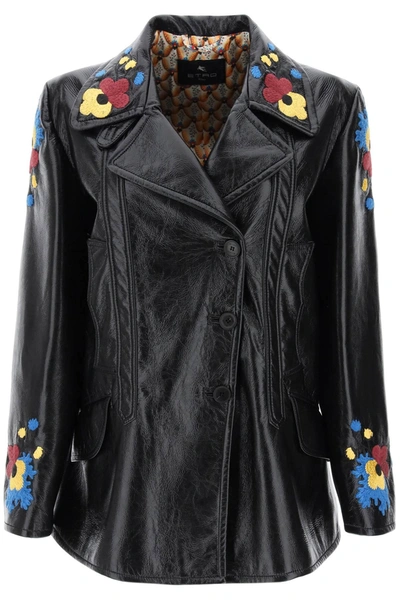 ETRO ETRO JACKET IN PATENT FAUX LEATHER WITH FLORAL EMBROIDERIES