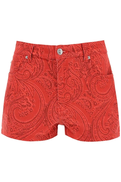 Etro Paisley Print Denim Shorts In Red