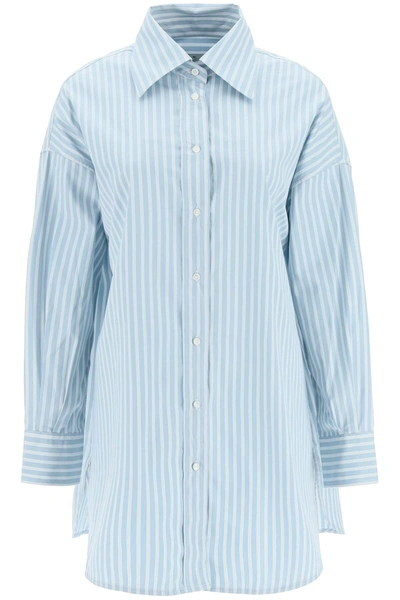Etro Rose Cotton Popeline Striped Oversized Shirt In Light Blue
