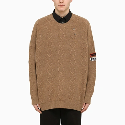 Fred Perry Raf Simons Beige Intarsia Jumper With Patches In Brown