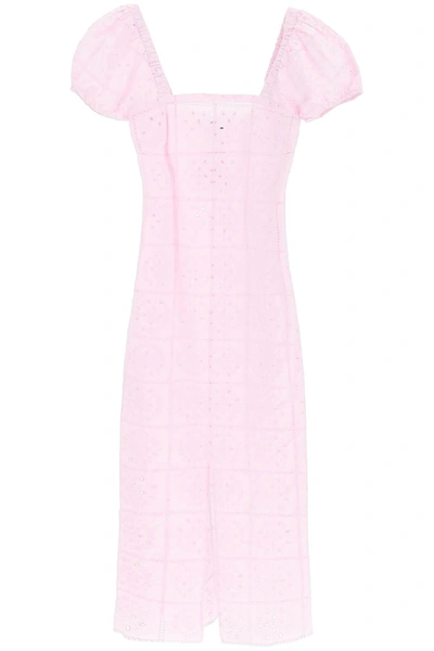 Ganni Broderie Anglaise Cotton-poplin Midi Dress In Pink