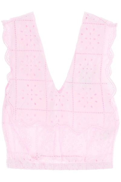 Ganni Broderie Anglaise V Neck Collar Top In Pink