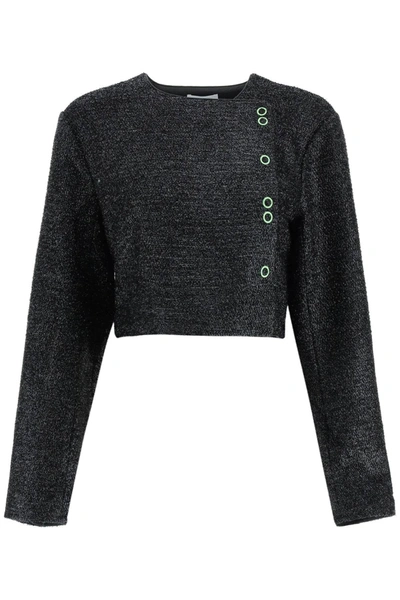 Ganni Cropped Lamé Tweed Jacket In Black