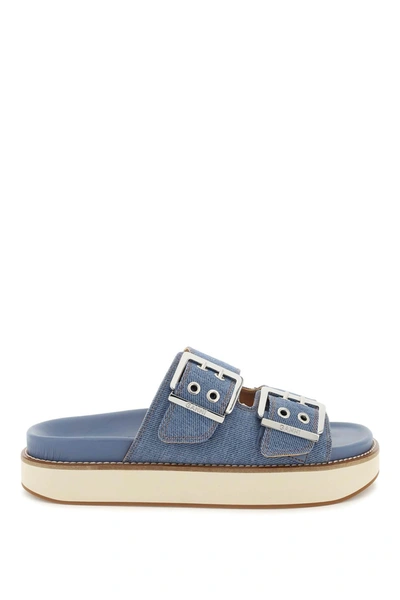 Ganni Denim Double Strap Slides In Blue