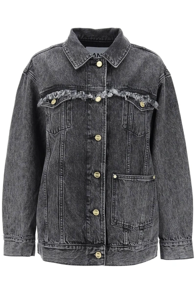 Ganni Long Sleeve Snow Washed Denim Oversized Jacket In Grey