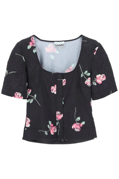 Ganni Crinkled Satin Blouse In Black