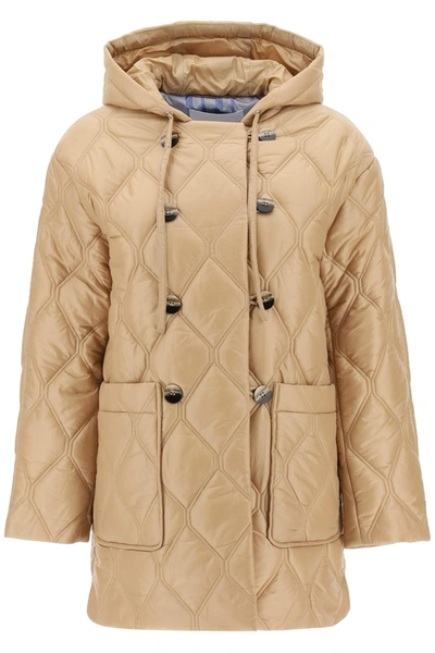 Ganni Shiny Quilt Hooded Jacket In Neutrals