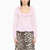 Ganni Light Pink Open-neck Blouse With Ruffles In Cotton In Light Lilac