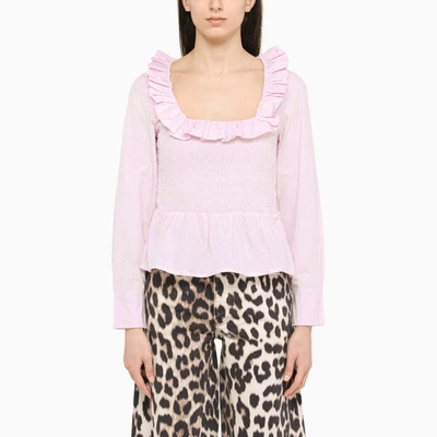 Ganni Square-neck Smocked Blouse In Pink