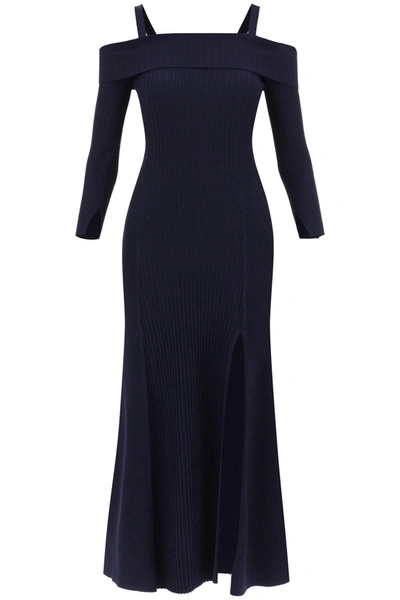 Ganni Long Knitted Off-the-shoulder Dress In Blue