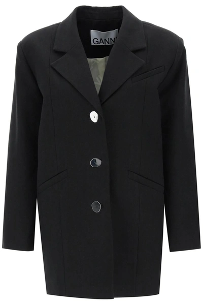 Ganni Cotton Suiting Oversized Blazer In Black