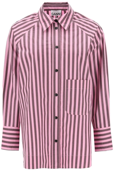 Ganni Striped Cotton Shirt In Pink,brown