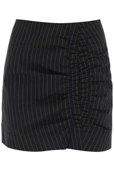 Ganni Pinstripe Mini Skirt With Ruching In Black