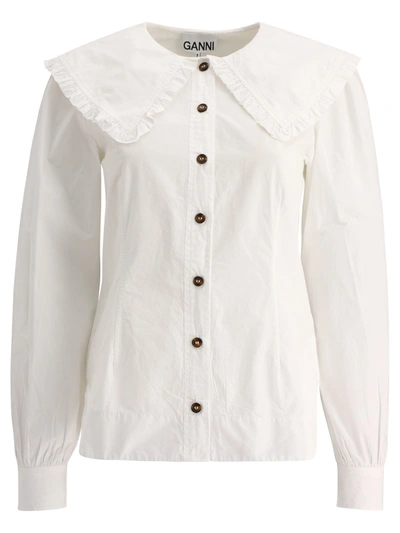 Ganni Ruffled Poplin Shirt In White