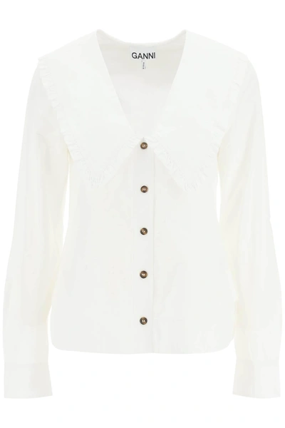 Ganni Maxi Collar Cotton Shirt In White