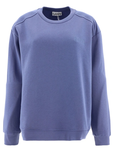 Ganni Long Sleeve Drop Shoulder Sweatshirt In Grey Blue