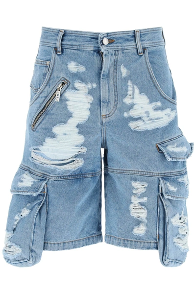 Gcds Ultracargo Destroyed Denim Shorts In Blue