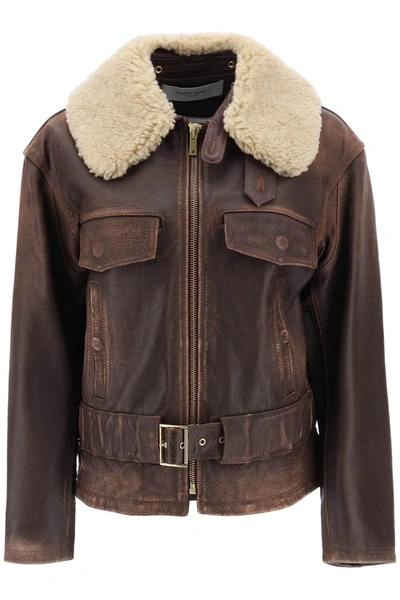 Golden Goose Shearling Leather Jacket In Brown