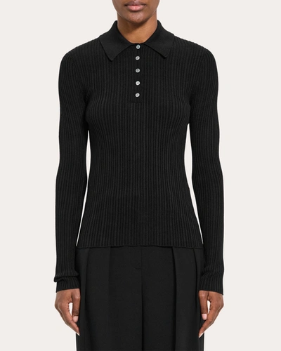 Theory Women's Wool-blend Rib-knit Slim-fit Polo Shirt In Black