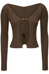 Jacquemus 'la Maille Pralu Longue' Brown Ribbed Cardigan With Logo Charm In Viscose Woman