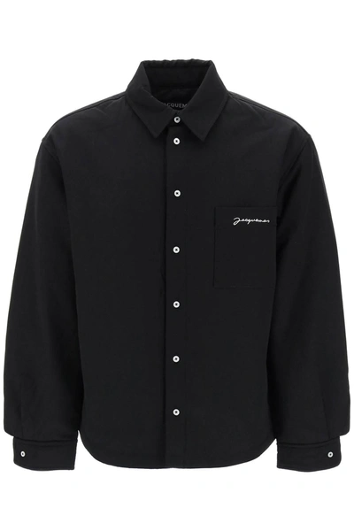 Jacquemus Virgin Wool Long-sleeve Shirt With Embroidered Logo In Black