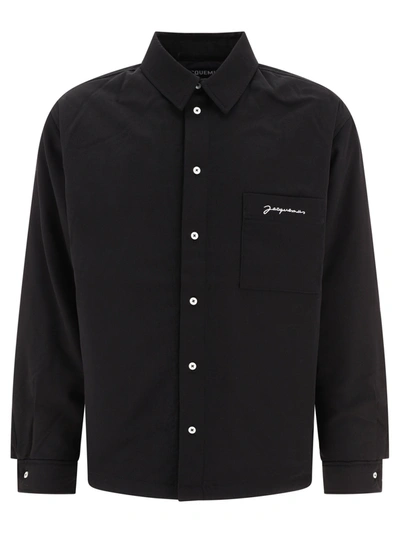 Jacquemus Virgin Wool Long-sleeve Shirt With Embroidered Logo In Black