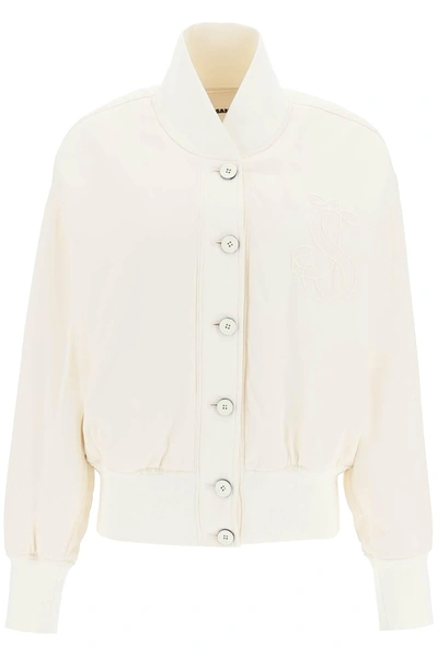 Jil Sander Bomber Jacket With Embroidered Monogram In Cream