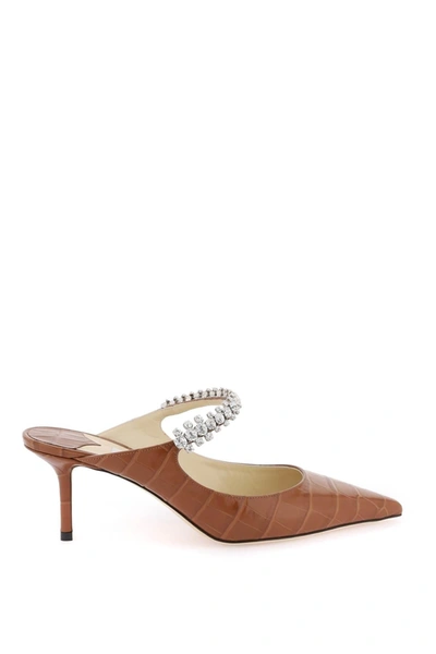 Jimmy Choo Bing 65 Crystal-embellished Croc-effect Leather Mules In Brown