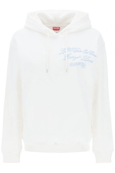 Kenzo World Embroidered Hoodie In Blanc Casse