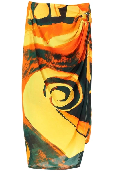 Louisa Ballou Yellow Coastline Checkmate Print Wrap Midi Skirt In Orange